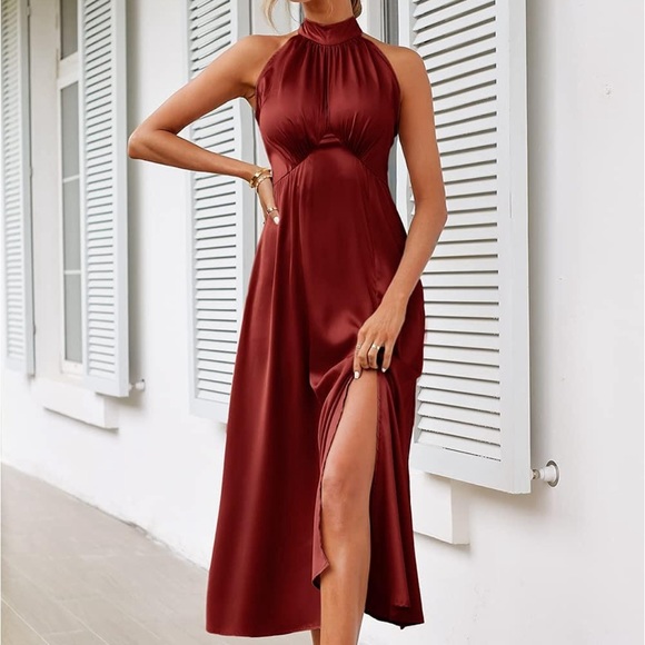 Summer Maxi Dress Halter Neck Sleeveless Wedding Guest Satin Long Dress #HH - Picture 1 of 5
